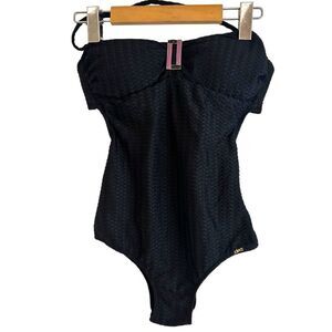 Salinas Black Bandeau Herringbone Texture Brazilian One Piece Swimsuit XS
